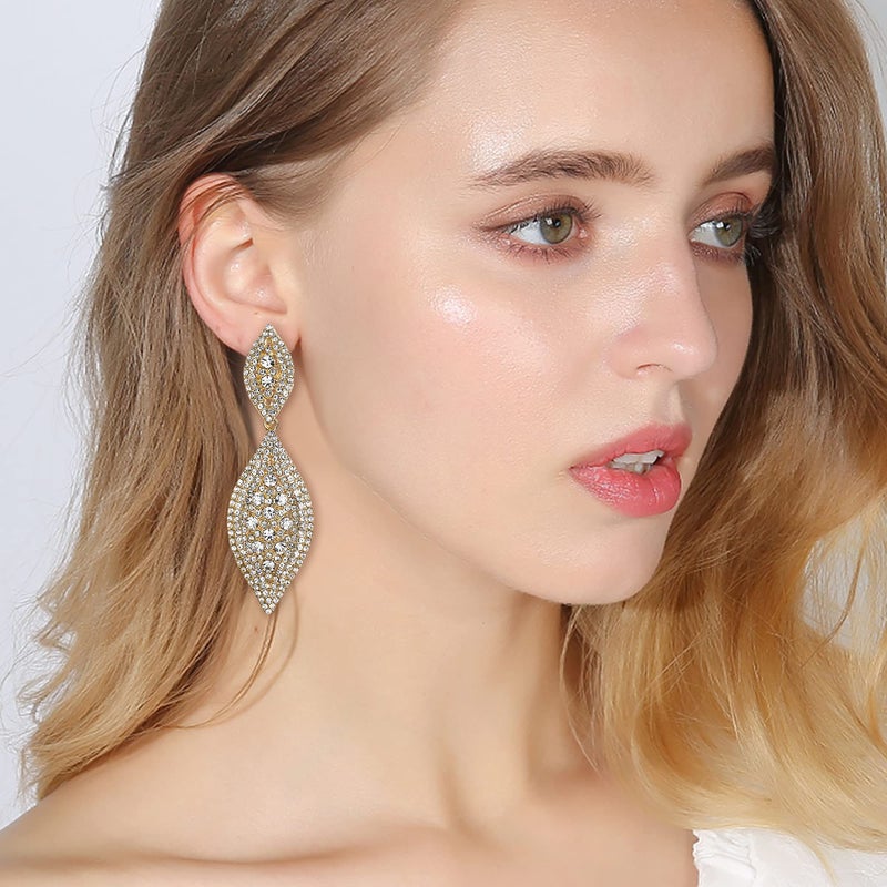 Flyonce Gold Earrings for Women, Sparkly Rhinestone Crystal Large Long Statement Wedding Party 2 Leaf Drop Dangle Chandelier Earrings for Brides Bridal Clear Gold-Tone 3.3" - Image 3